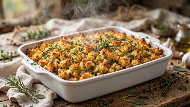 Golden baked stuffing with fresh herbs in a ceramic dish with steam rising