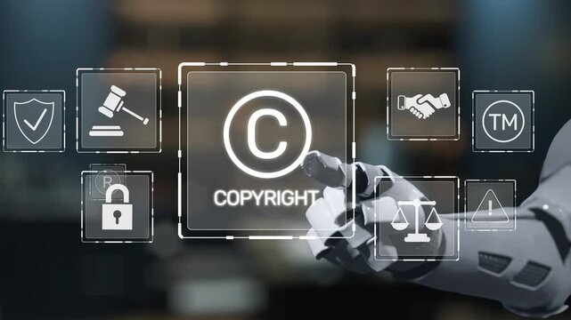 A futuristic robot hand interacts with digital copyright symbols and legal icons in a modern office, showcasing the intersection of technology and law in a contemporary workspace. Salient
