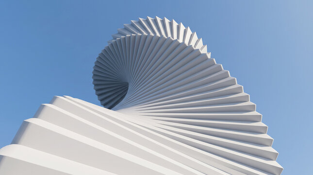 Abstract 3D white architectural wave background. Minimalist parametric geometric structure under clear blue sky, ideal for dynamic sports branding and futuristic urban design concepts.