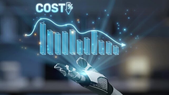 A robotic hand reaches out towards a digital graph representing a decline in costs, symbolizing advancements in technology and cost efficiency in modern business. Salient