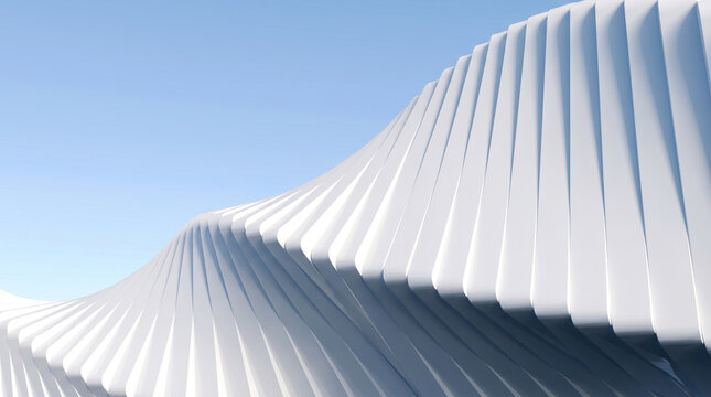 Abstract 3D white architectural wave background. Minimalist parametric geometric structure under clear blue sky, perfect for luxury automotive campaigns and sleek website hero sections.