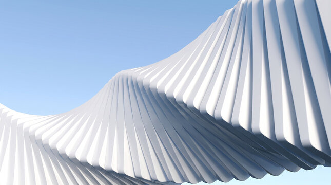 Abstract 3D white architectural wave background. Minimalist parametric geometric structure under clear blue sky, abstract wave structure with repeating white elements with a clear blue sky background