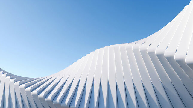 Abstract 3D white architectural wave background. Minimalist parametric geometric structure under clear blue sky, white structural elements creating a dynamic wave pattern against a clear blue sky.