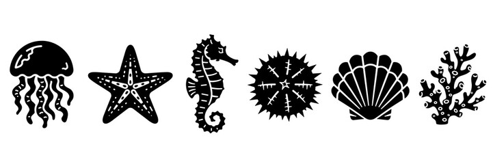 Black marine life icons set with jellyfish starfish seahorse and shells © Ruqia Batool