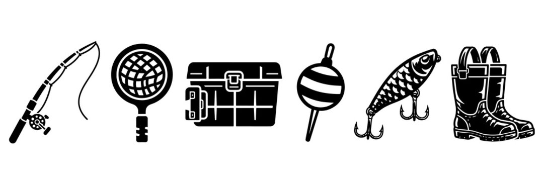 Fishing gear icons set with rod, tackle box, net, lure and boots vector