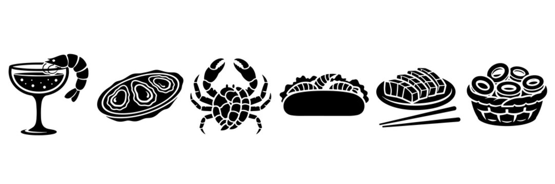 Black seafood icons set with shrimp cocktail oyster crab roll sushi meal