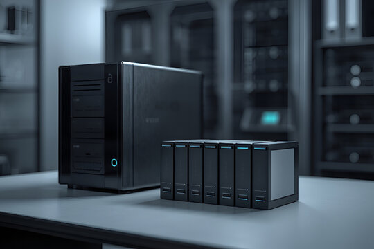 Network attached storage NAS tower server and external hard drive enclosure array on desk
