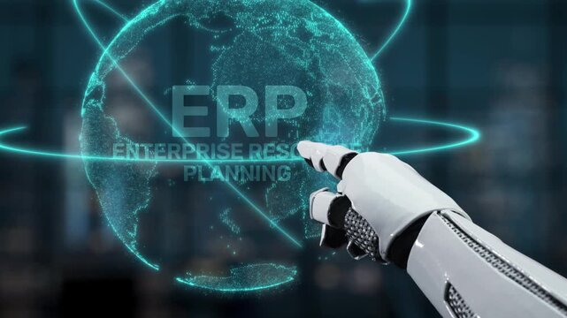 A robotic hand engages with a digital ERP interface, highlighting key business functions like project management and data analysis, emphasizing technology in efficiency. Synapse