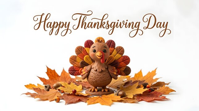 A cute decorative turkey figurine standing on a pile of colorful autumn leaves with happy thanksgiving day text