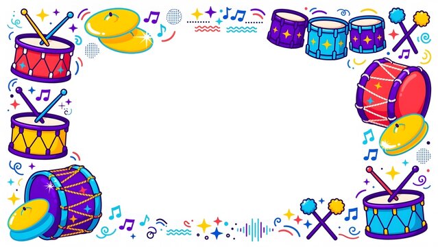 Vibrant cartoon drum border with purple, red, yellow and blue drums, golden cymbals, crossed sticks, stars and music notes with copy space