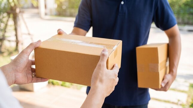 Professional delivery courier handing over a cardboard parcel to a customer during home delivery