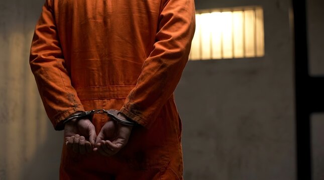 Prisoner in orange jumpsuit with handcuffs behind back
