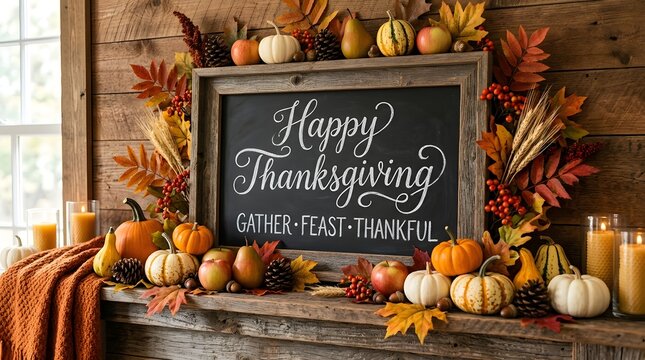Rustic thanksgiving chalkboard sign surrounded by autumn pumpkins fall leaves and warm candlelight on a wooden mantelpiece