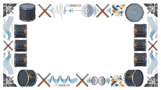 Geometric drum border with dark gray bass drums, orange crossed drumsticks, cymbals, blue sound waves and chevron corner patterns with copy space