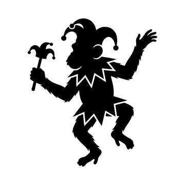 Black silhouette illustration of a monkey jester dancing and holding a scepter, wearing a traditional clown hat and collar, isolated on white background for creative design projects.