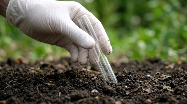 A researcher wearing white gloves inserting a glass test tube into dark fertile soil to collect a sample for environmental analysis