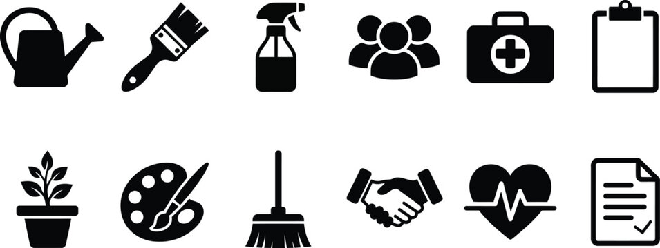 Collection of common daily work and lifestyle task activity icons with watering can spray bottle medical kit white background pictograms