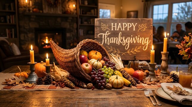 Festive thanksgiving dinner table centerpiece with a cornucopia filled with autumn harvest fruits and glowing candles
