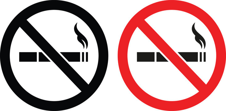 No smoking signs in black and red colors to indicate prohibited areas with cigarette isolated background