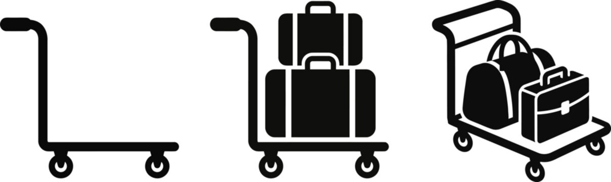 Luggage trolley collection showing different baggage loads for airport and travel services with suitcase briefcase transport