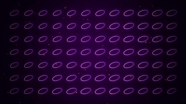Glowing neon purple ring grid pattern looping background featuring futuristic glowing oval circles illuminated technological backdrop with ambient floating particles and cyber digital style