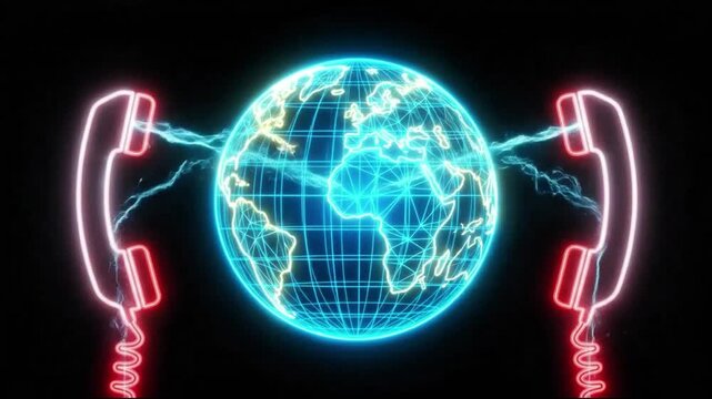 Glowing neon globe connecting with telephone receivers in digital communication motion footage clip