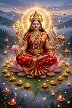 Maa Siddhidatri Ninth Navadurga Goddess Of Siddhi Illustration On Peepal Leaf