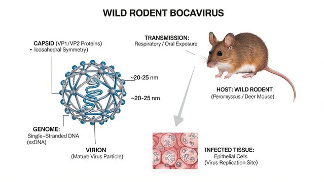 Wild Rodent Bocavirus labelled 3D scientific diagram, structure of virion particle, deer mouse host, virus transmission route and infected epithelial tissue, veterinary virology illustration