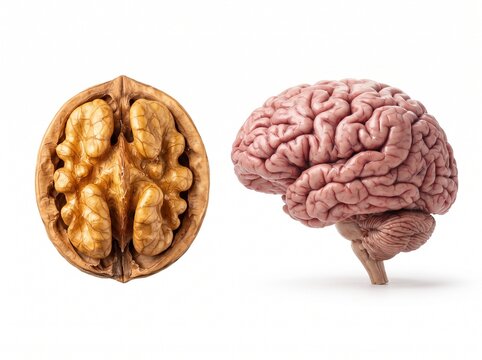 A comparison between a raw walnut and a human brain isolated on white.