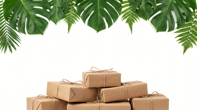 Package shipping sustainable retail gift box cardboard parcel wrapping twine tropical. Small business commerce renewable cardboard box parcel delivery logistic distribution recycling conservation