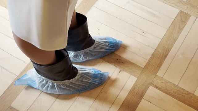 A visitor wears blue shoe covers while walking across a wooden parquet floor in Pushkin, Saint Petersburg. This mindful step shows respectful care inside the historic palace.