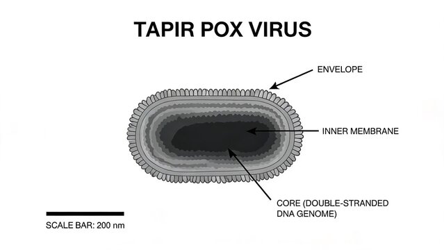 Tapir Pox Virus grayscale line art scientific diagram, labelled cross-section of virion with scale bar 200nm, showing envelope, inner membrane and dsDNA core genome, virology outline illustration