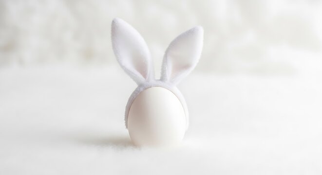 Cute white easter bunny egg with fluffy ears on soft background