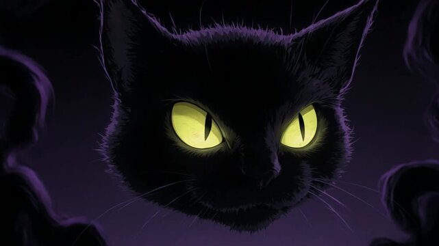 Mysterious Black Cats with Glowing Eyes emerging from dark smoke during Halloween night