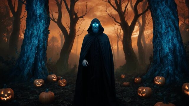 Mysterious cloaked figure stands amidst glowing jack-o'-lanterns in a dark spooky forest during Halloween night with cinematic motion