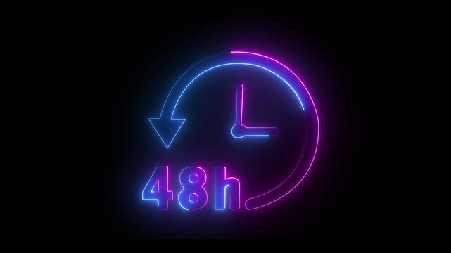 48 hour neon sign symbol glowing in dark background, circular arrow motion graphic, round clock timer animation. 4k animated video blue, pink color...