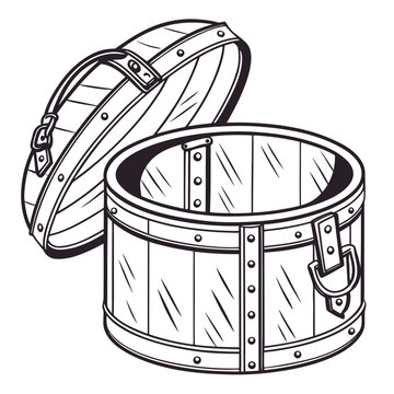 Open cylindrical wooden barrel with metal bands, rivets, and a lid, black and white line of a rustic storage container
