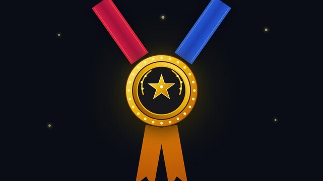 Cinematic animation of a glowing golden medal with a star emblem and evolving ribbons, slowly appearing and fading, symbolizing achievement, victory, excellence, and recognition in competitive