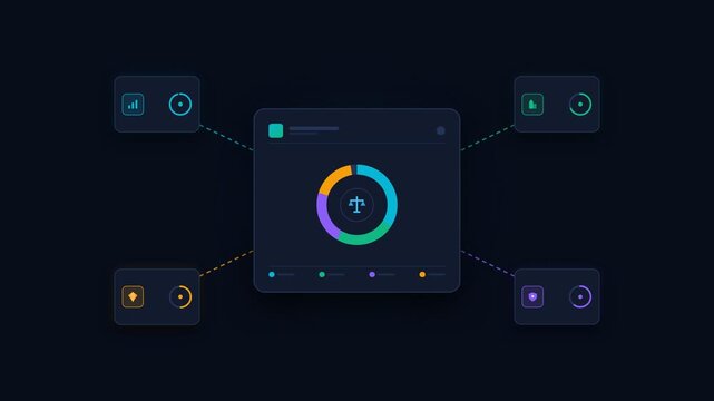 Pulsating digital dashboard displaying a circular progress bar with scales of justice icon and connected data modules, symbolizing legal technology, algorithmic trading, and financial analytics