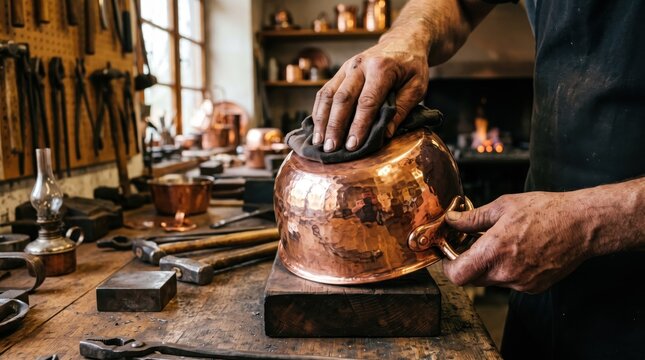 Coppersmith polishing a handmade copper pot in workshop