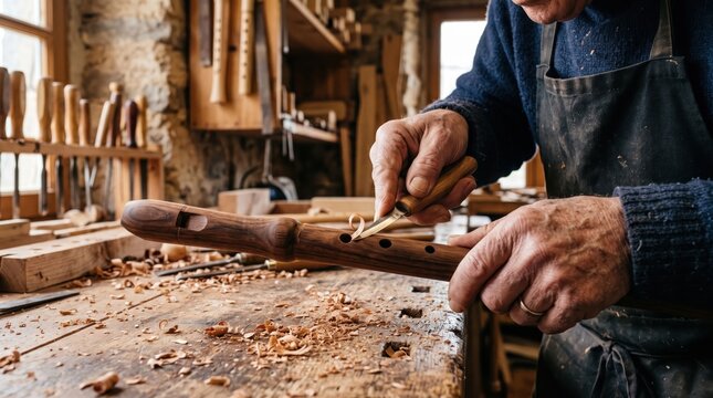 Craftsman Carving a Wooden Flute