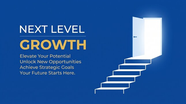 Blue business background with white stairs leading to an open door shining with bright light, symbolizing next level growth and success