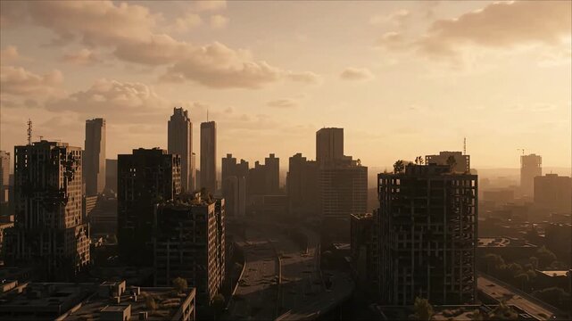 Apocalyptic ruined city skyline silhouette at sunset with destroyed buildings and dust