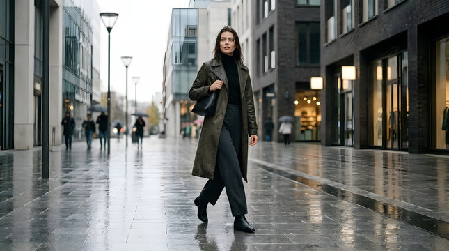 Stylish young woman walking on a wet city street during a rainy