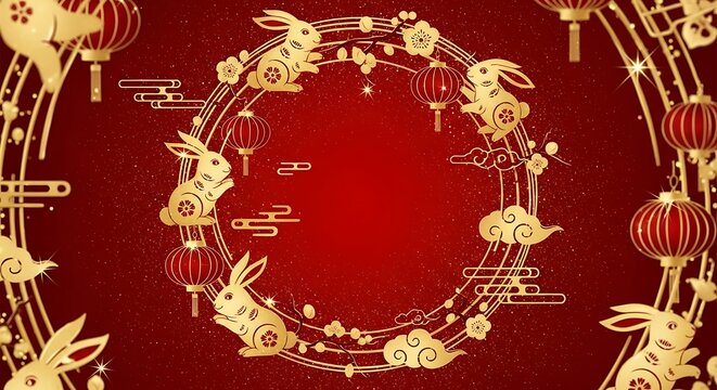 Decorative chinese new year rabbit wreath with gold accents on red background