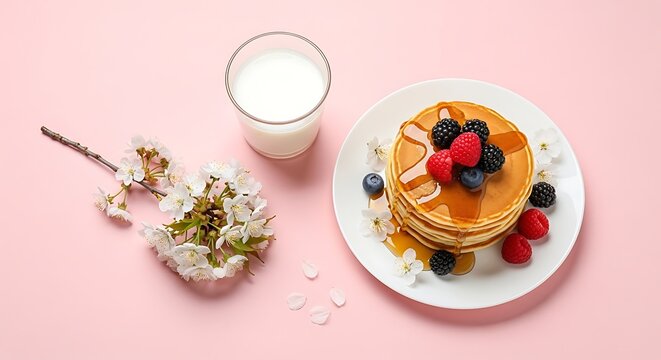 Delicious fluffy pancakes with fresh berries and salad on a pink background