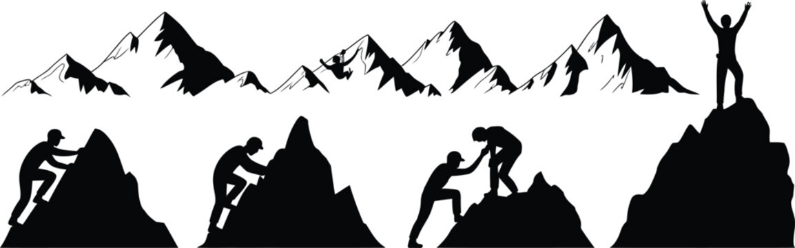 Silhouette of mountain climbers scaling rocky peaks, reaching the summit, teamwork, helping each other, black isolated on a white background, adventure