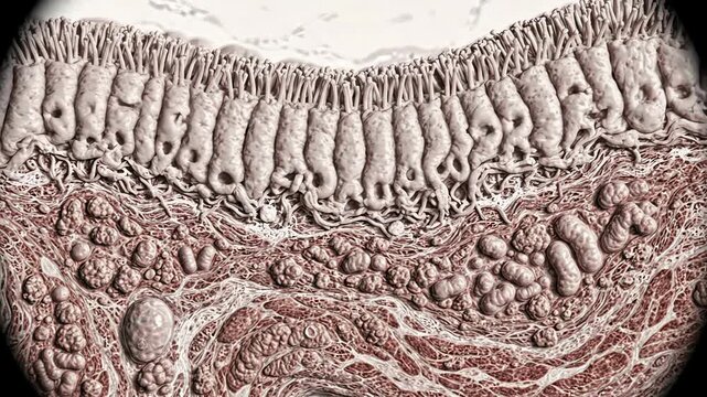 Healthy intestinal epithelial tissue toward chronic inflammatory intestinal disease, beginning with an intact organized epithelial barrier, healthy microvilli and stable underlying connective tissue