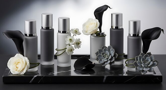 Elegant black and silver perfume bottles with floral decor on a shelf