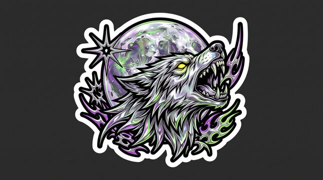Ferocious werewolf howling at full moon sticker design with tribal